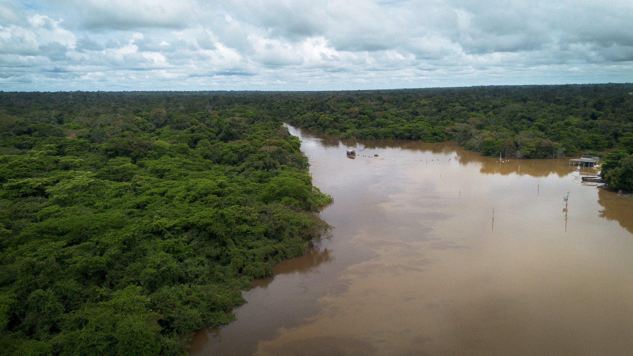 Vista aérea de rio e floresta amazônica destacando área monitorada contra desmatamento ilegal.